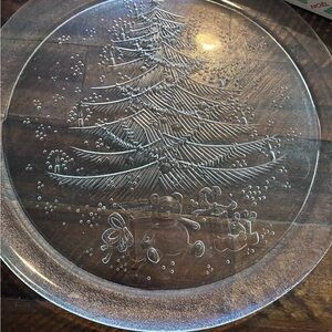 Vintage Elegant Clear Glass France Holiday Plate with Tree and Gift Design